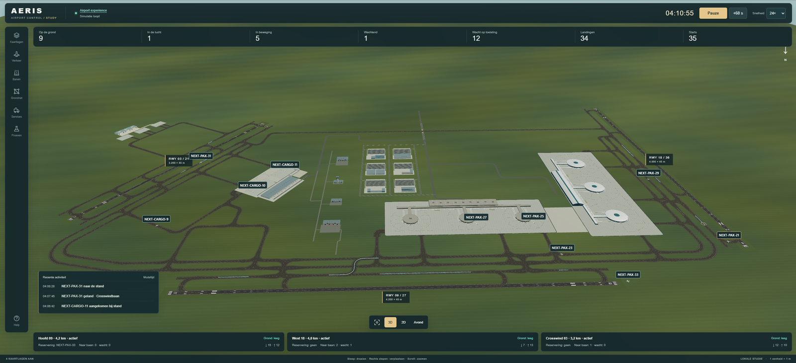 AERIS airport operations control center met een volledige luchthavenkaart, operationele statistieken en actieve vluchtlabels.