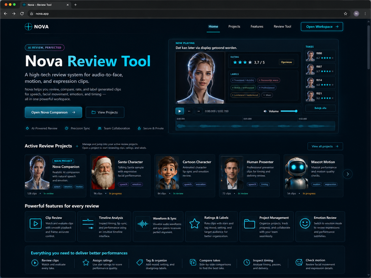 Nova review tool voor timing, clips en expressiecontrole.