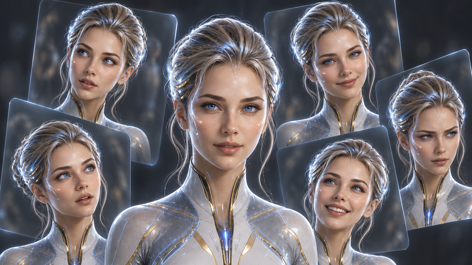 Expression atlas met verschillende blikken, houdingen en emoties van Nova.