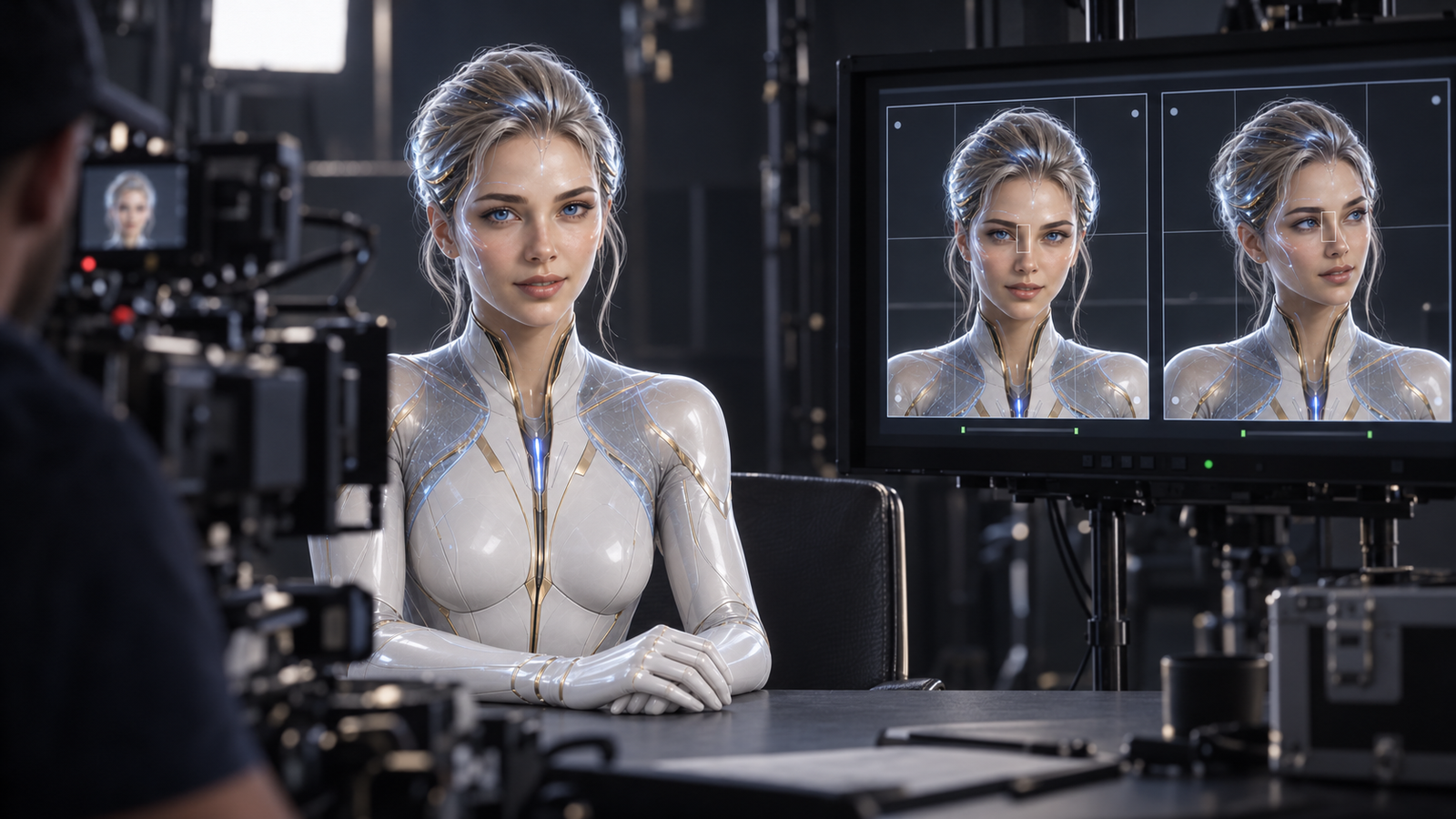 Nova in een capture- en reviewstudio met camera en monitors.