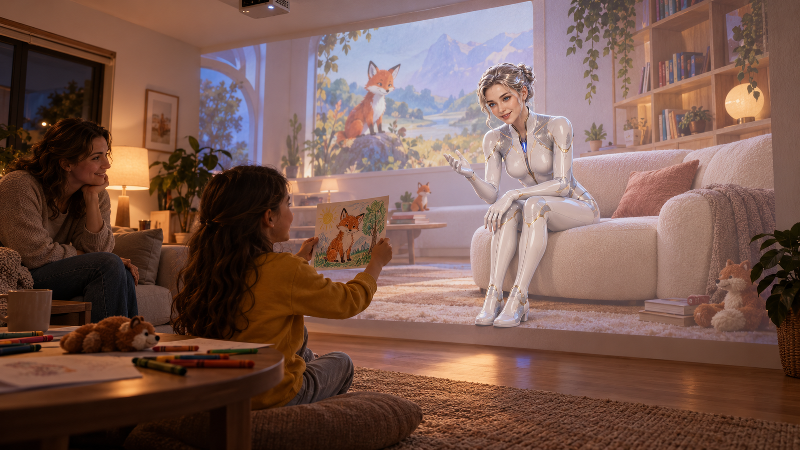 Nova als digitale projectie die samen met een kind in een woonkamer leert.