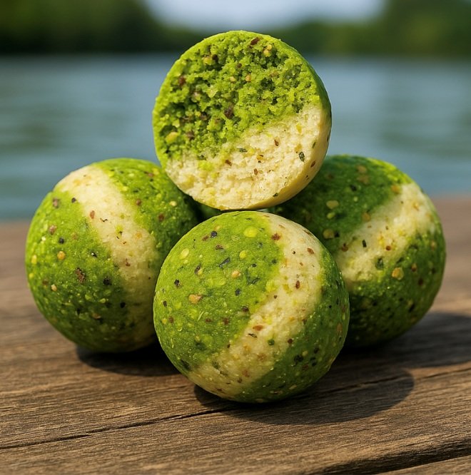 Groen-crèmekleurige duo-colour boilies bij het water.