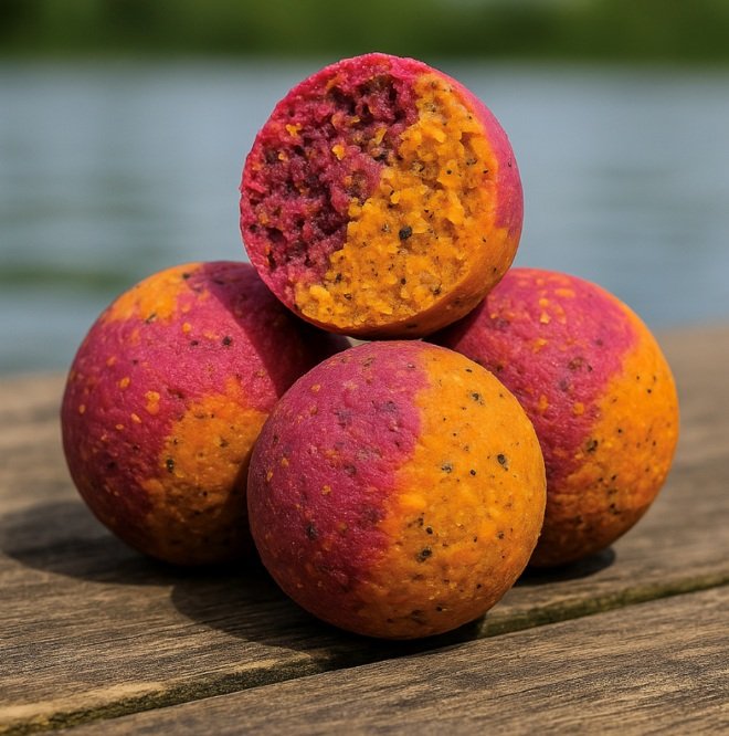 Roze-oranje duo-colour boilies bij het water.