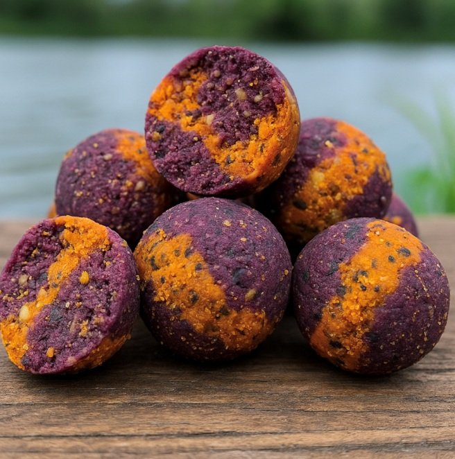 Tweekleurige paarse en goudkleurige boilies bij het water.