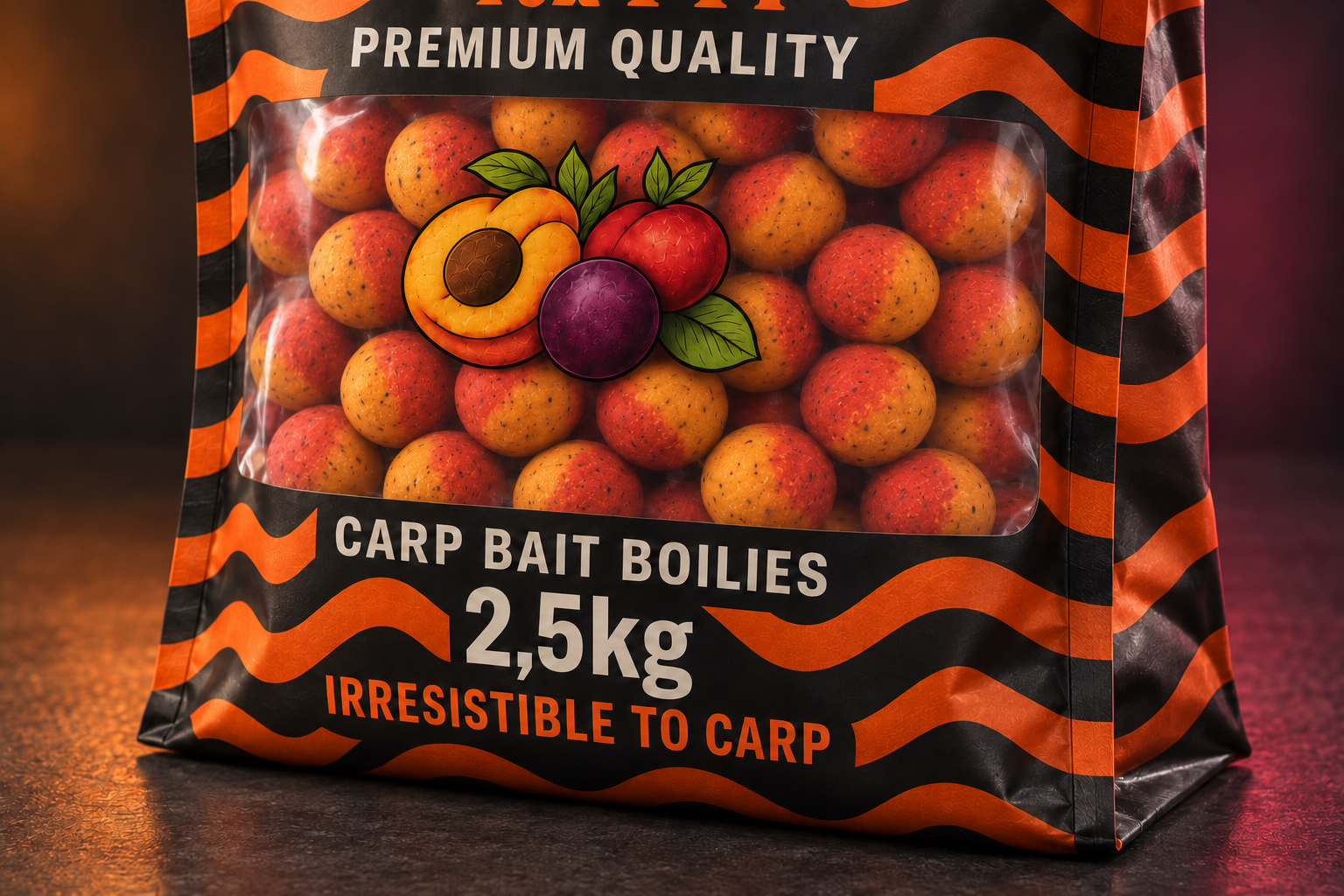 BaitFever-verpakkingsconcept met doorkijkvenster en zichtbare duo-colour boilies.