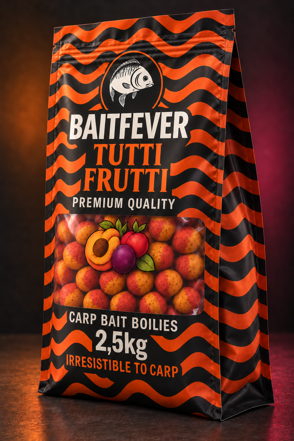 BaitFever-frontverpakking met golvende zwart-oranje signatuur.