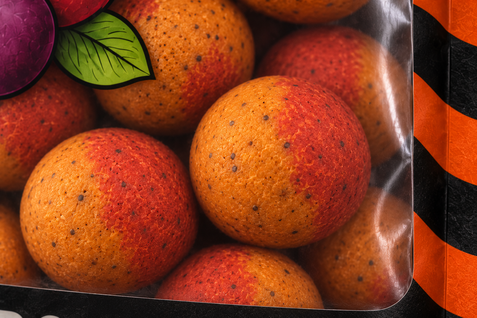 Detailstudie van rood-oranje duo-colour Tutti Frutti-boilies achter het doorkijkvenster.