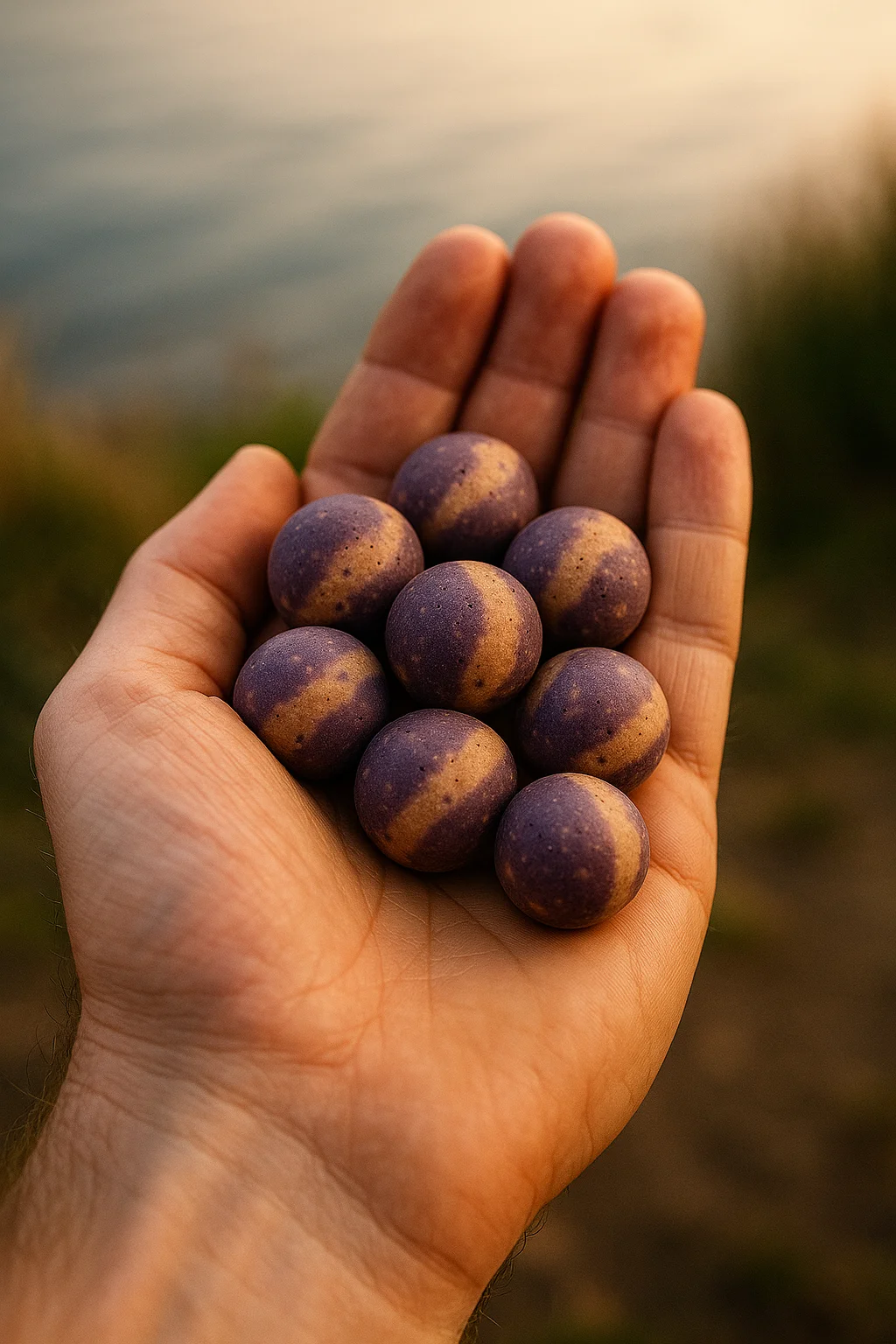 Konzeptstudie von zweifarbigen lila und goldenen Boilies in einer Hand in der Nähe des Wassers.