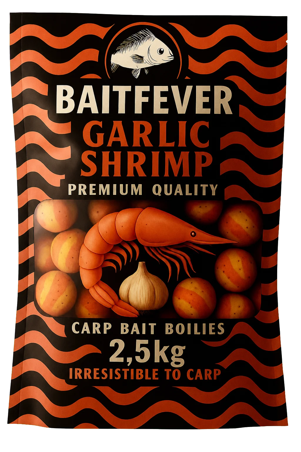 BaitFeverVerpackungskonzept für Knoblauchgarnelen.