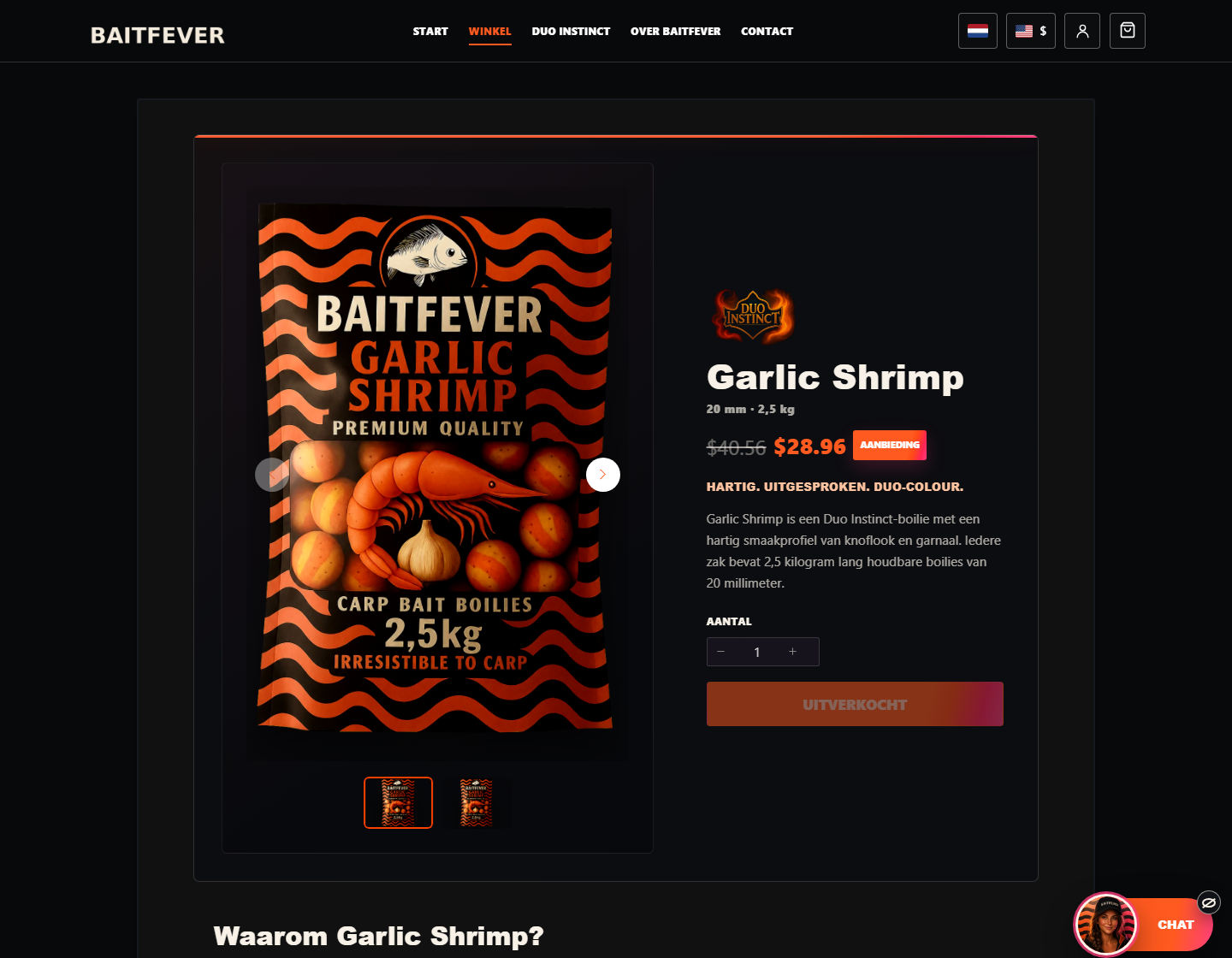 Live productdetail van BaitFever Garlic Shrimp met verpakking, prijs, profiel en hoeveelheid.
