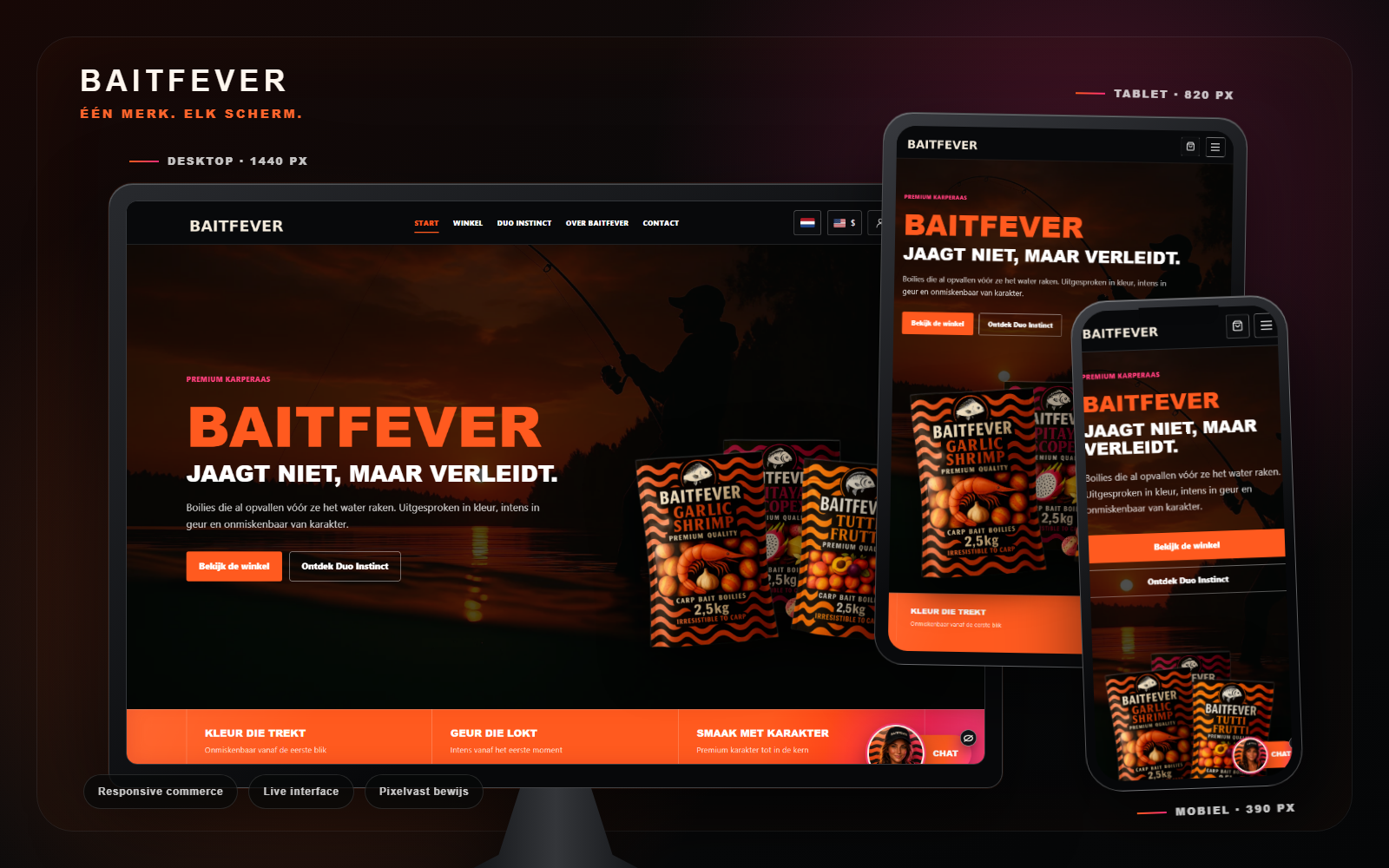 BaitFever live op desktop, tablet en mobiel in één responsive devicecollage.