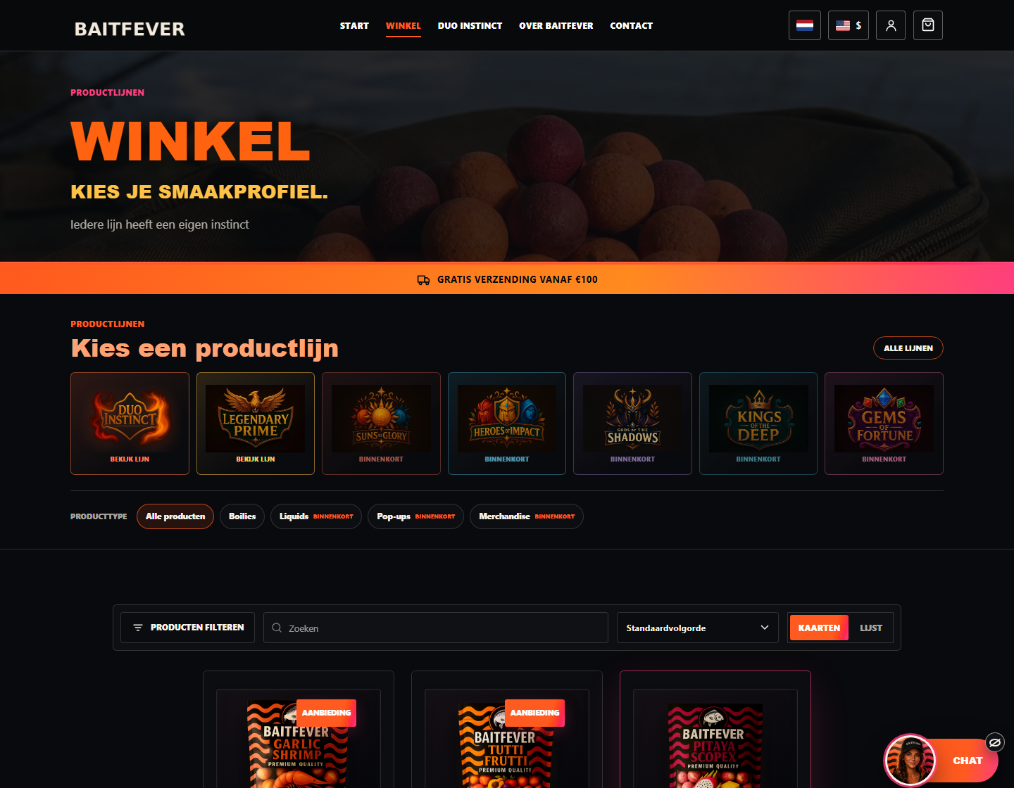 Live BaitFever-winkel met productlijnen, filters, zoekveld en kaart- of lijstweergave.