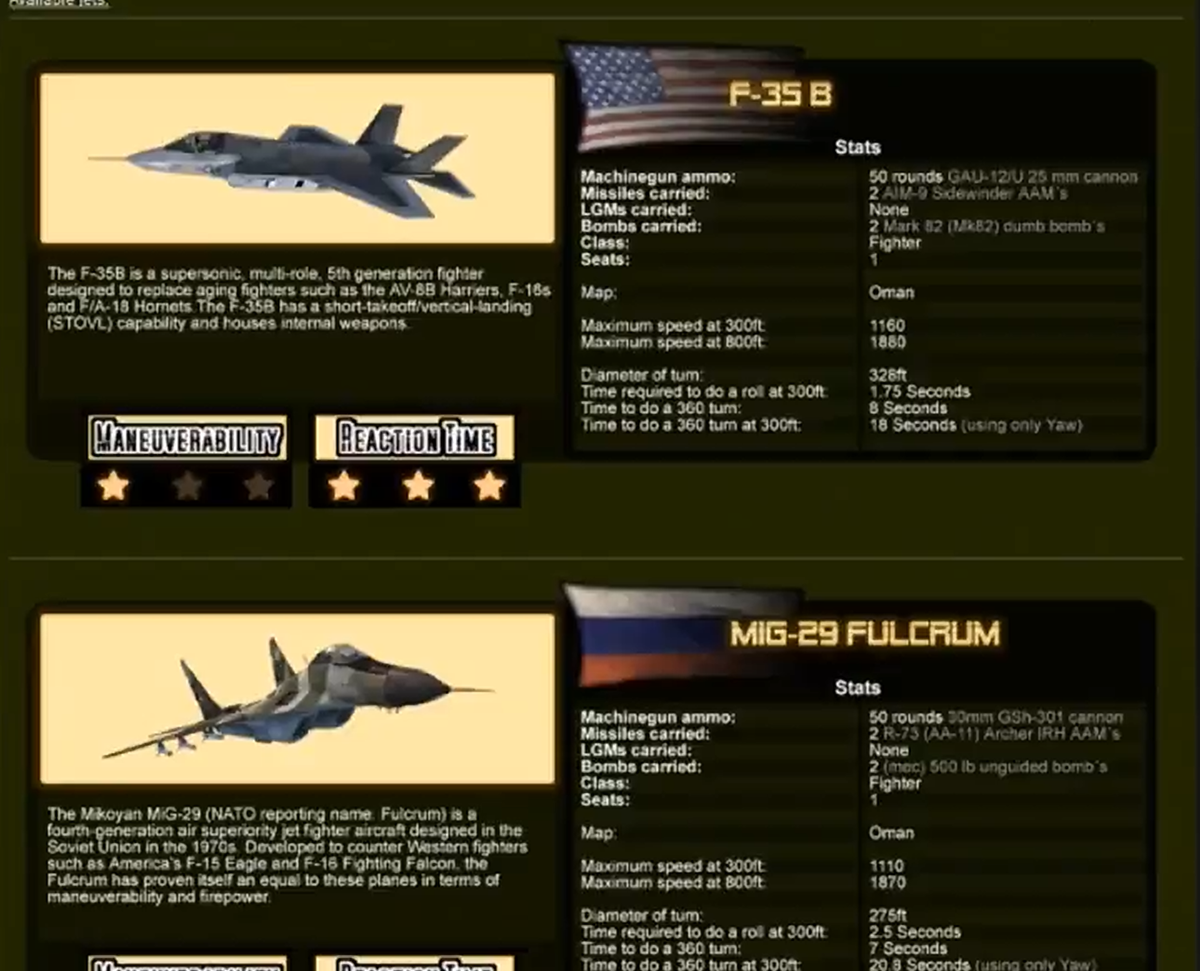 Origineel videoframe uit de Jet Guide met profielen van de F-35B en MiG-29 Fulcrum.