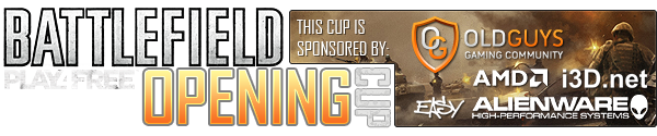 Battlefield Play4Free Opening Cup-banner met Old Guys Gaming Community, AMD, i3D.net, Easy Studios en Alienware.