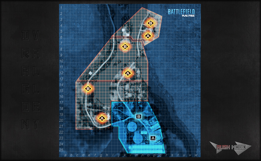 Blauwdrukachtige Rush-mode mapsuggestie met routes, zones en objectives.
