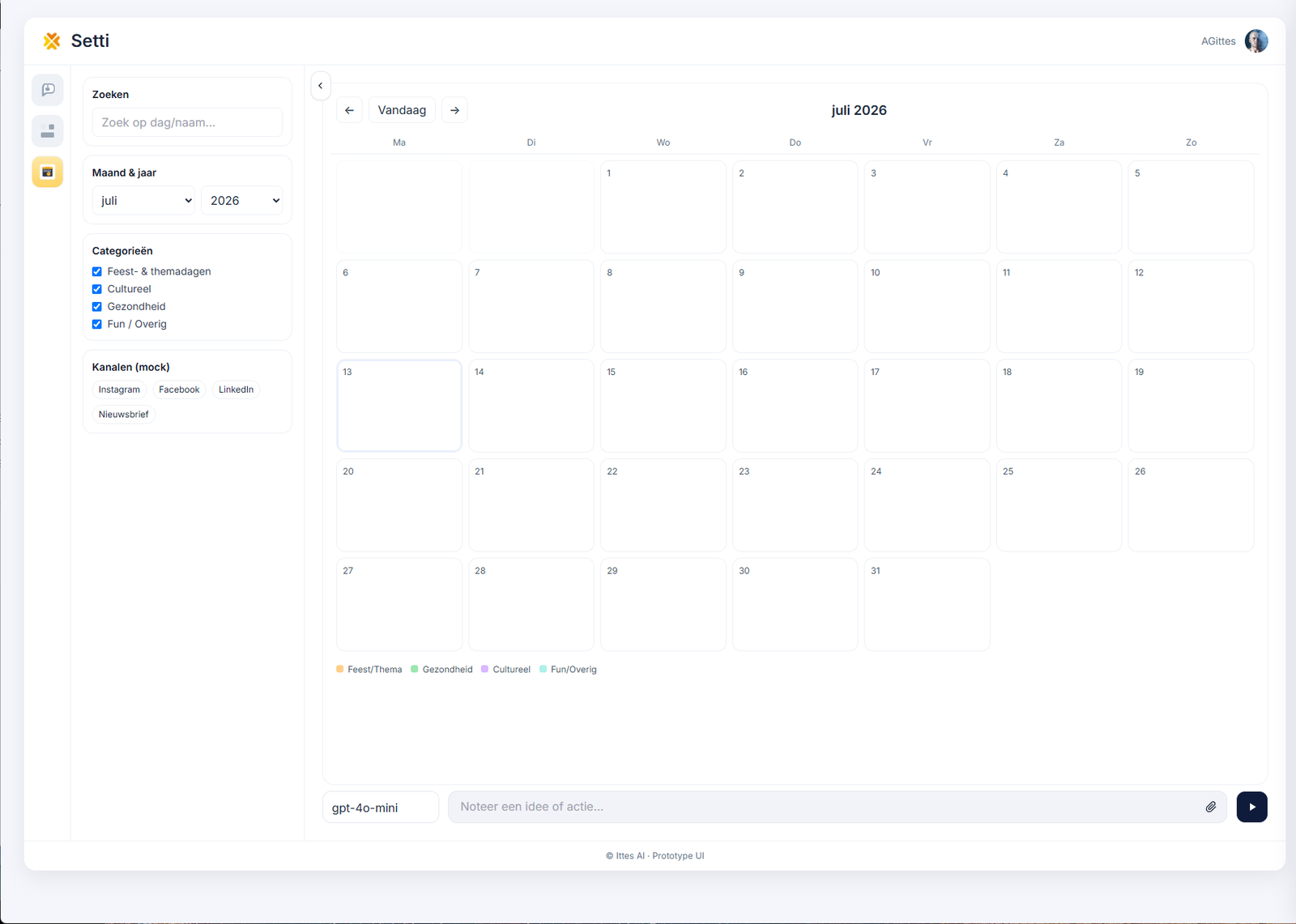 Snake AI Tools kalenderinterface voor contentplanning en AI-ondersteunde workflows.