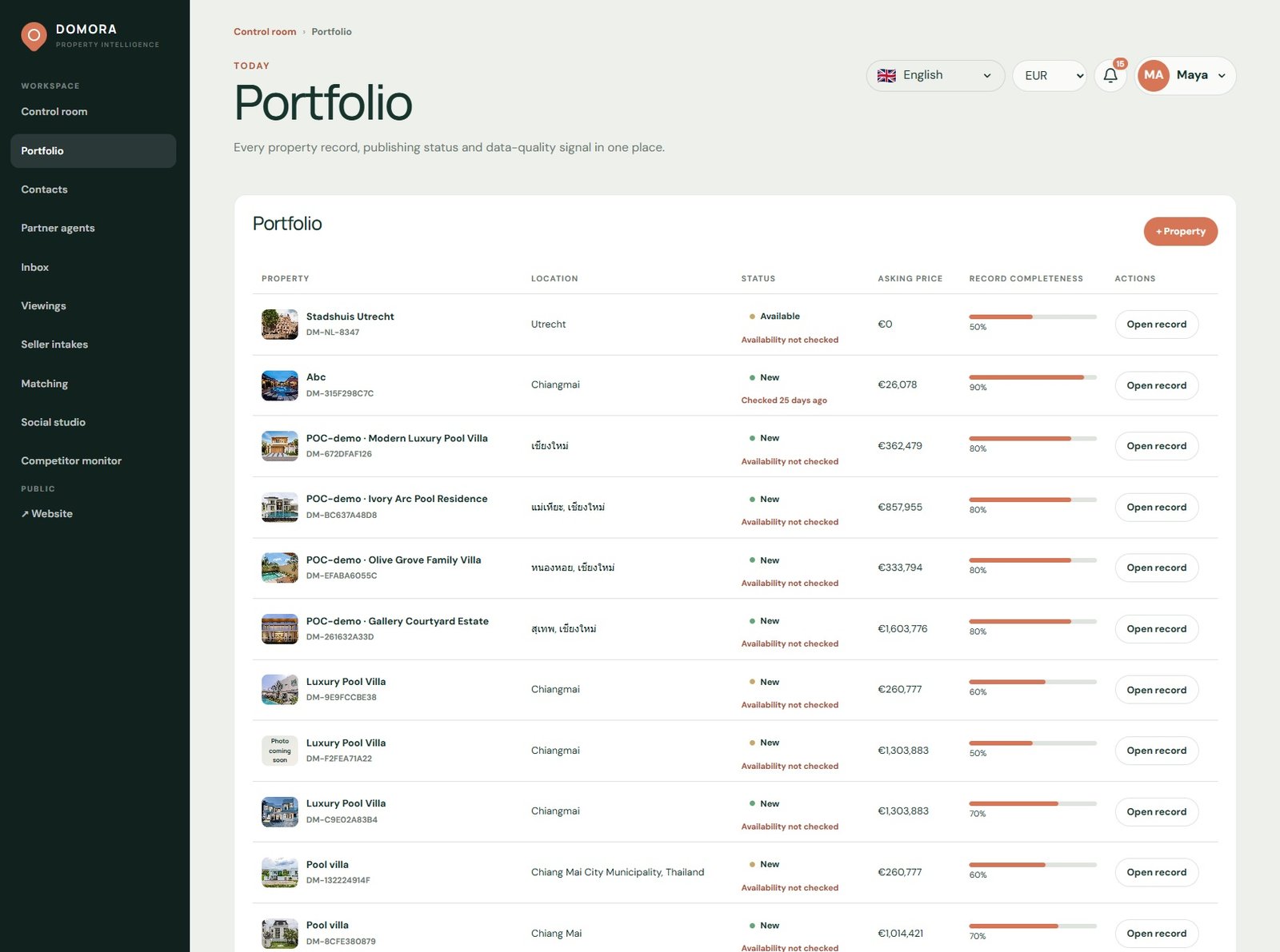 DOMORAPortfolio mit Häusern, Standort, Veröffentlichungsstatus, Angebotspreis und Dateivollständigkeit.