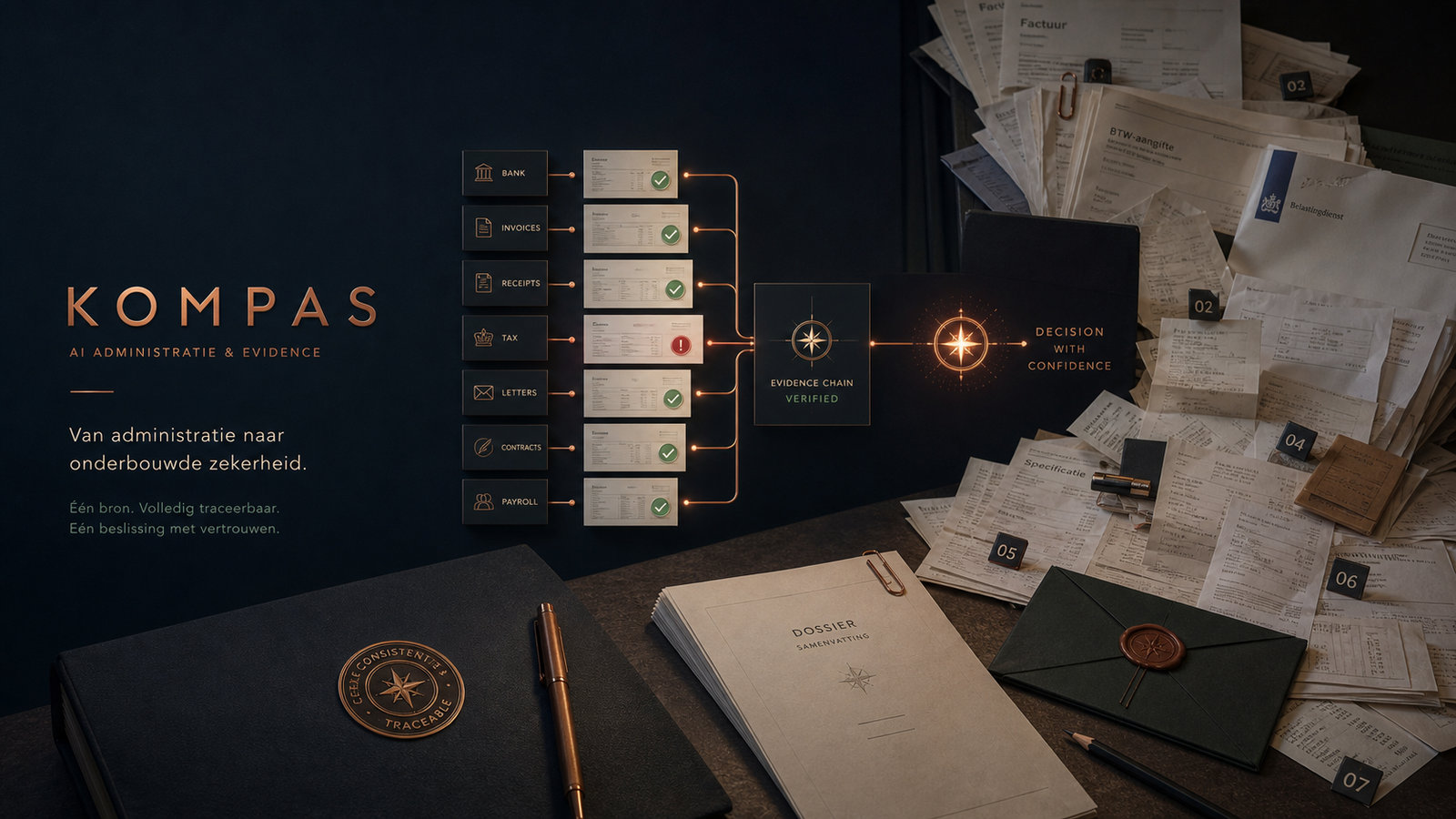 KOMPAS evidence-chain concept met documentcategorieën, controlepunten en menselijke goedkeuring.
