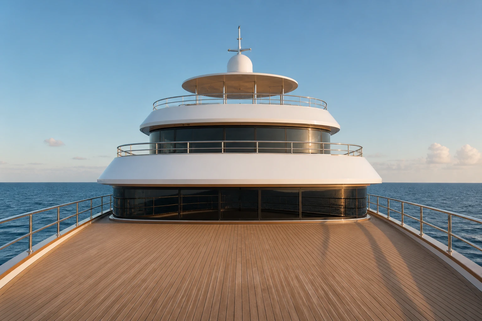 Symmetrisch perspectief vanaf het voordek van AURELIA 67 naar de twee glasdekken en het open sundeck.