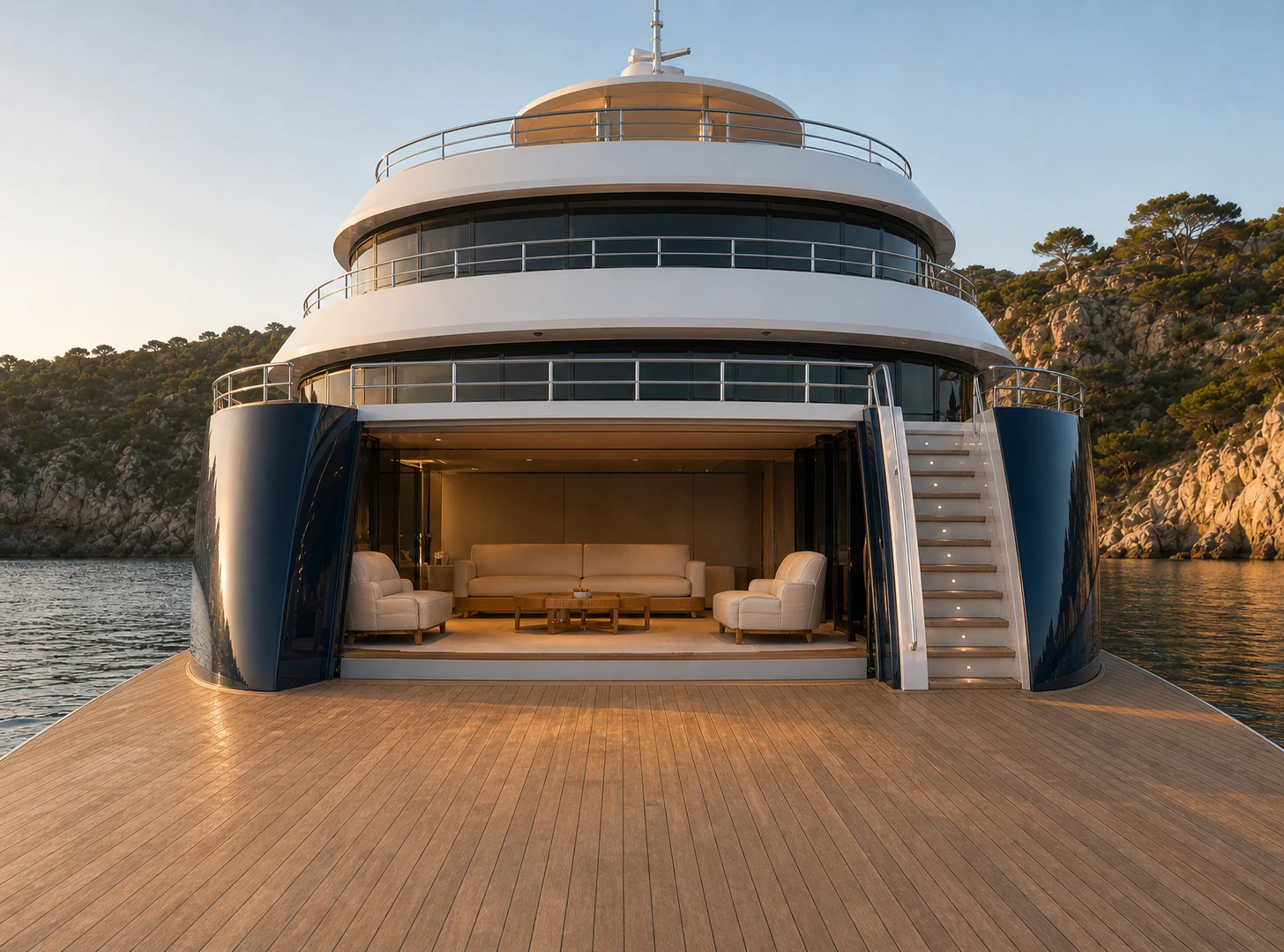 Doorlopend achterplatform van AURELIA 67 met centraal geopende beach club en bereikbare stuurboordtrap.