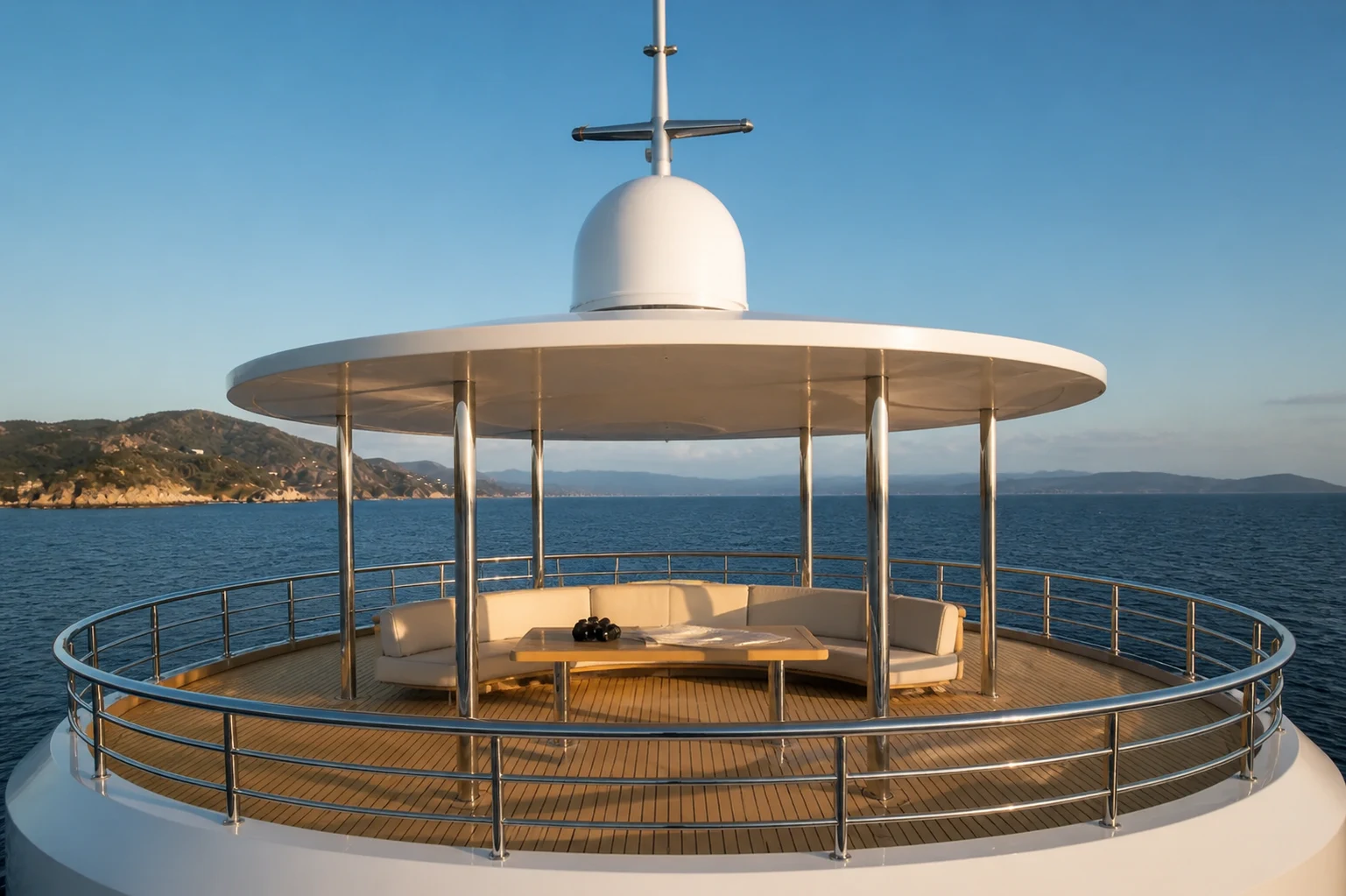 Open observatielounge onder de ronde canopy van het sundeck van AURELIA 67.