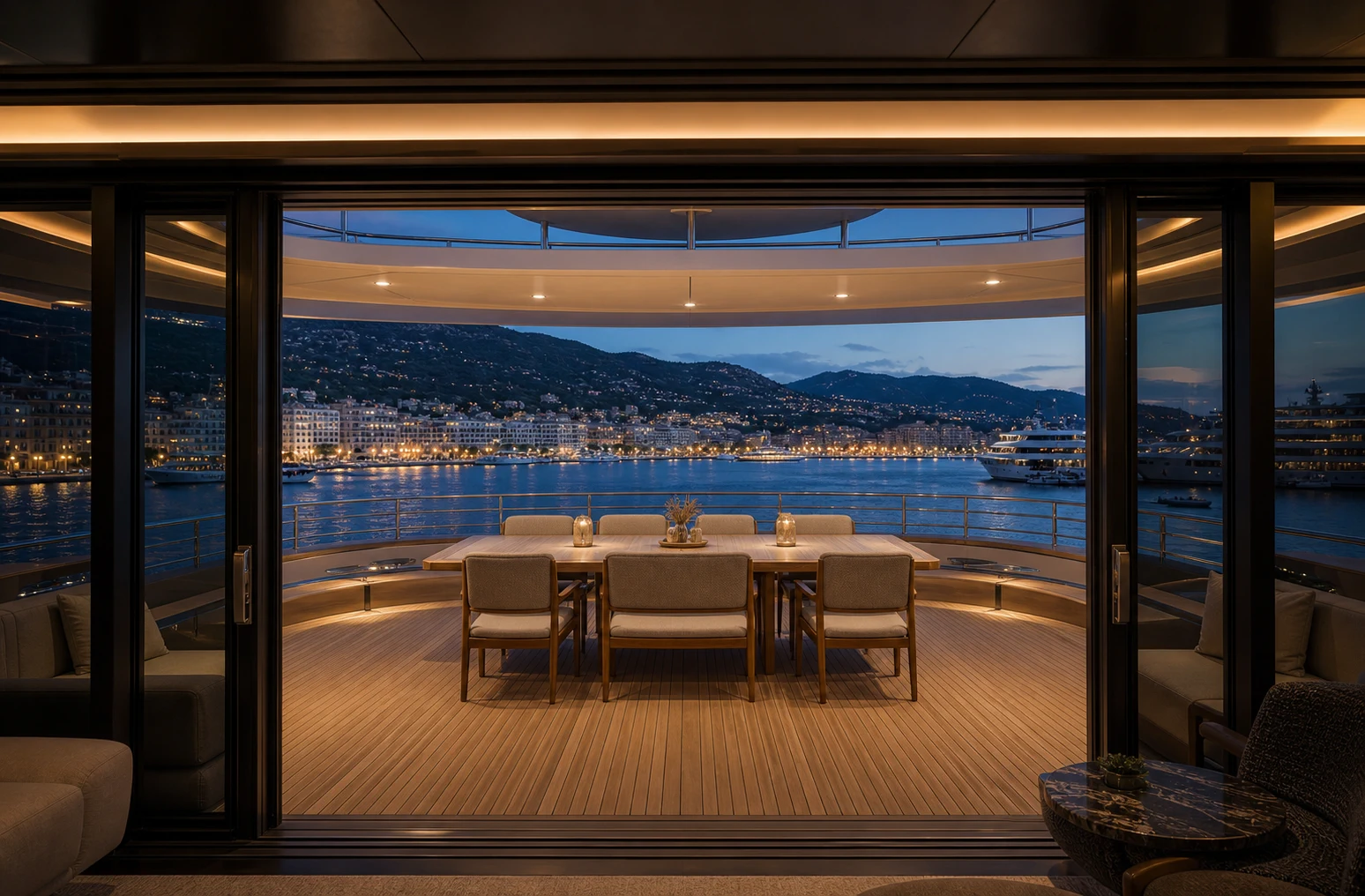 Avondsetting op het bovenste achterterras van AURELIA 67, gezien vanuit de glazen lounge.