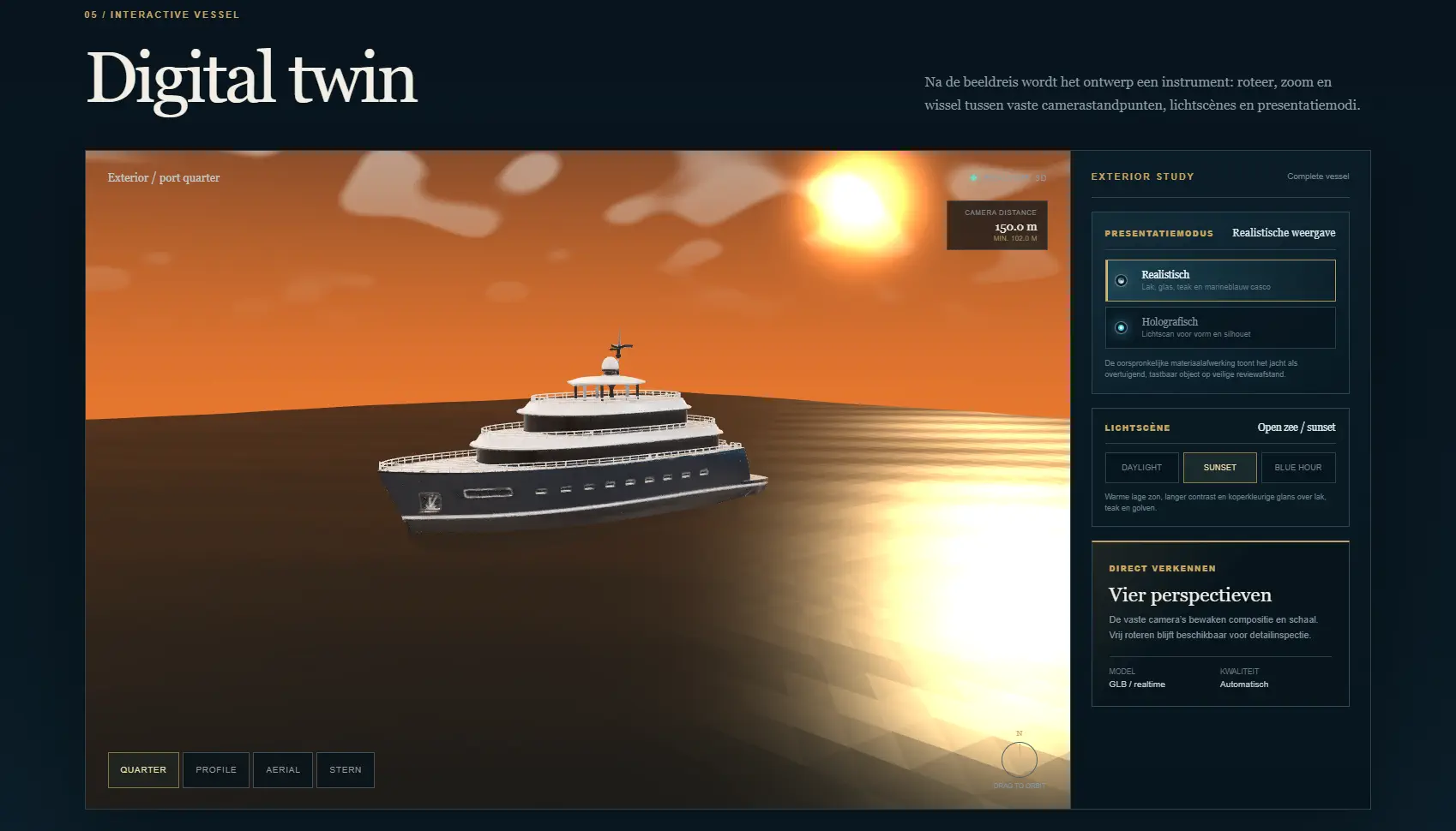 AURELIA 3D-conceptprototype met jachtvorm, camerastanden en een sunset-lichtscène.