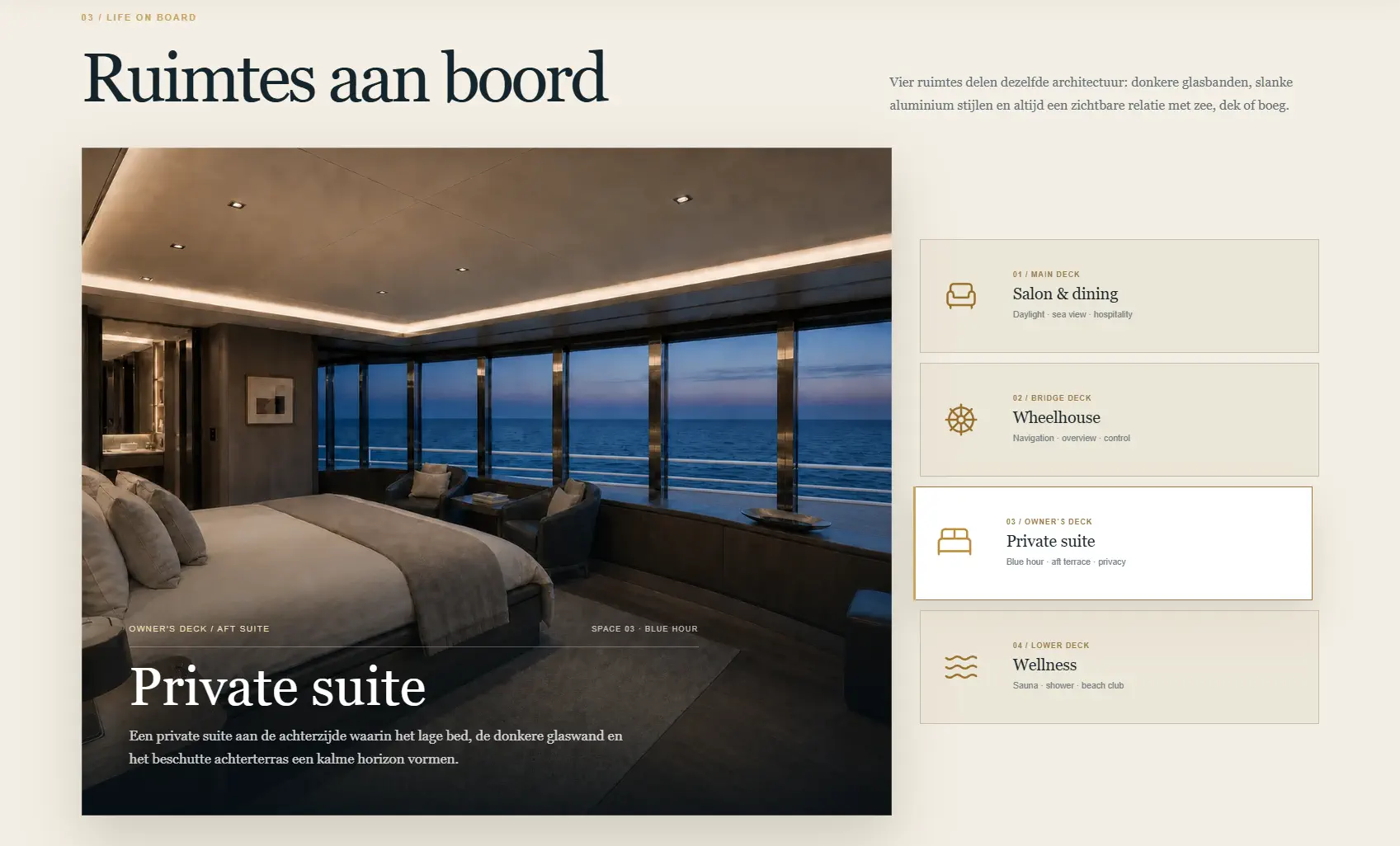 AURELIA-module met vier ruimtes aan boord en een private suite als geselecteerde ruimte.
