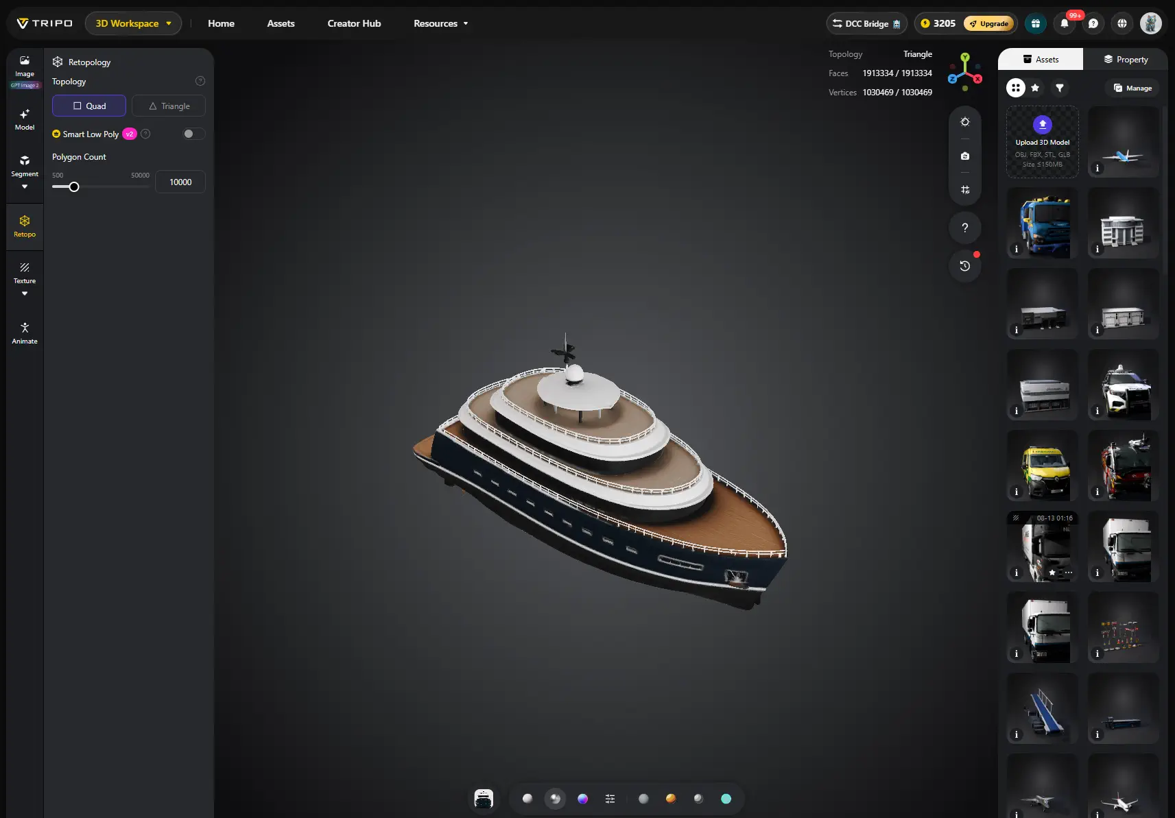 Tripo-retopologywerkruimte met het gegenereerde AURELIA-jachtmodel.