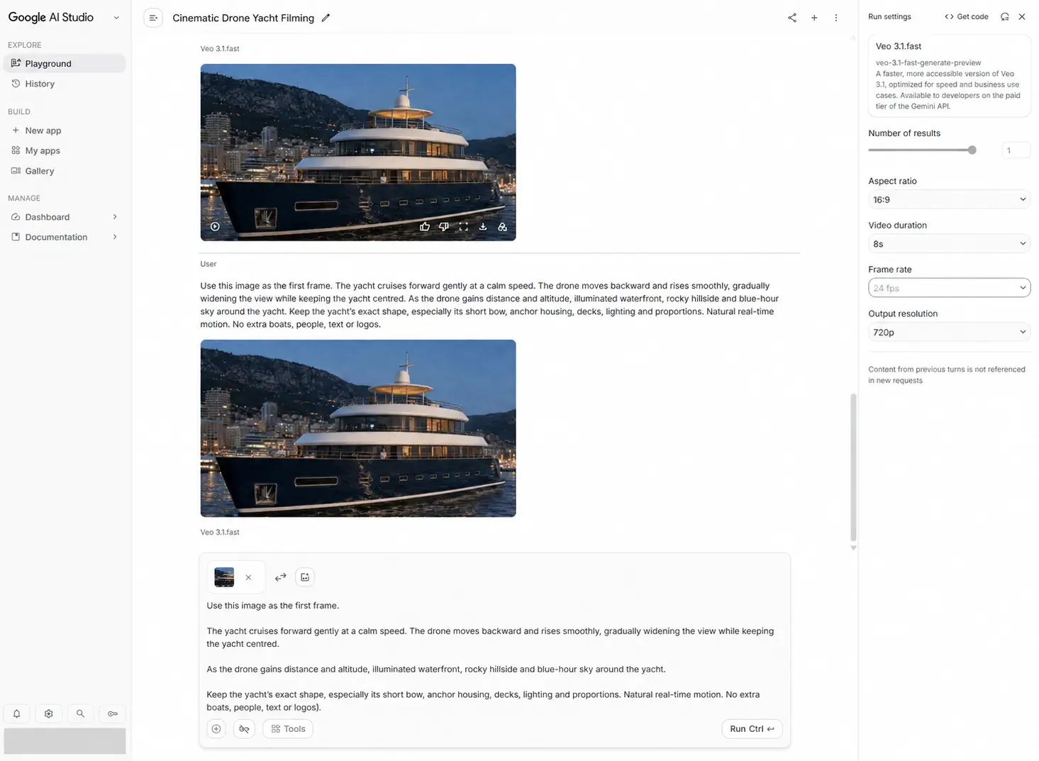 Geanonimiseerde Google AI Studio-werkruimte waarin een AURELIA-video vanuit een eerste frame wordt aangestuurd.