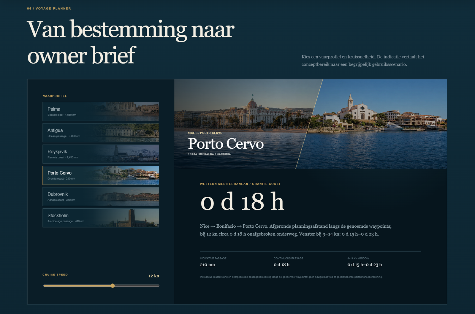 AURELIA-reisplanner met Porto Cervo, een schuine gouden beeldscheiding, vaarsnelheid en geschatte reistijd.