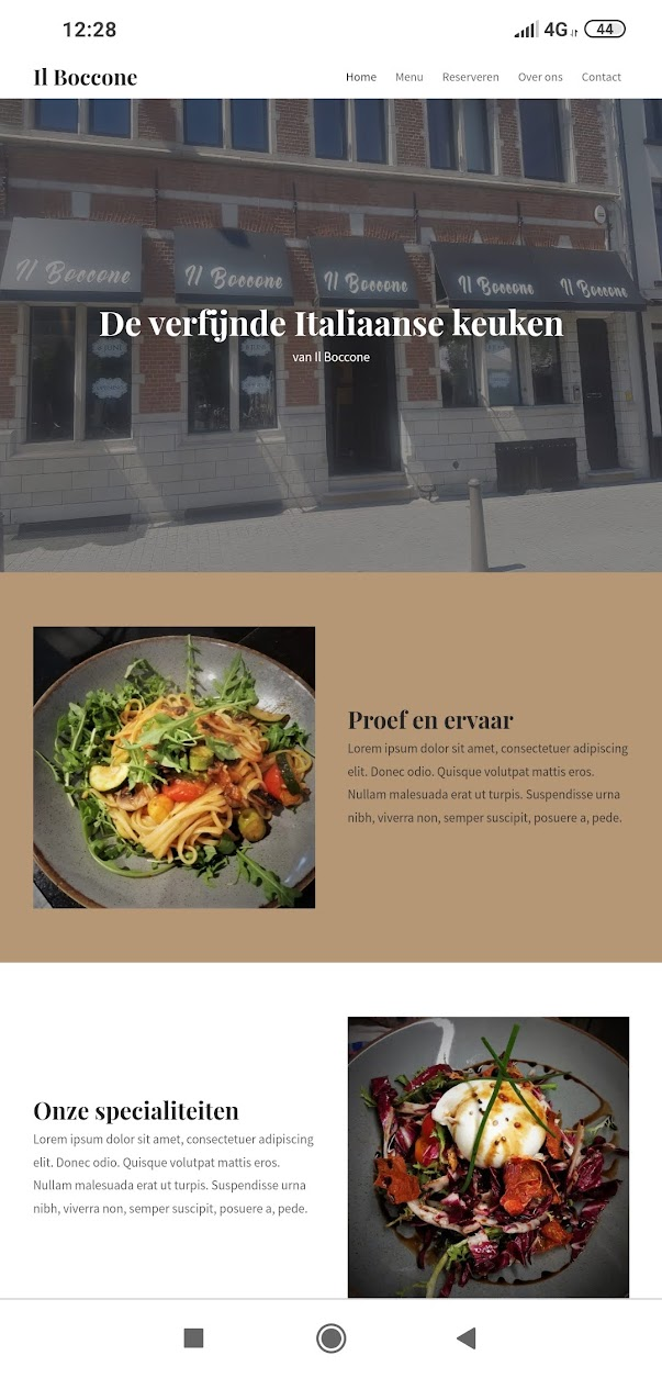Origineel mobiel screenshot van de Il Boccone-homepage met gevelhero en specialiteiten.