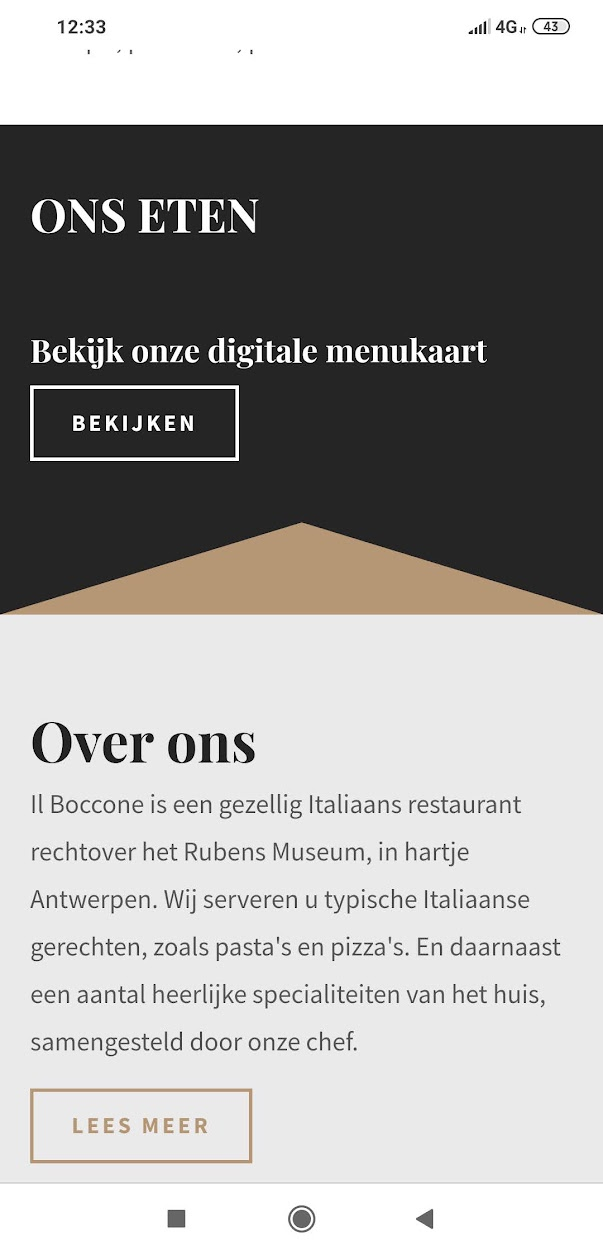 Origineel mobiel screenshot van het digitale menu en de Over ons-sectie van Il Boccone.