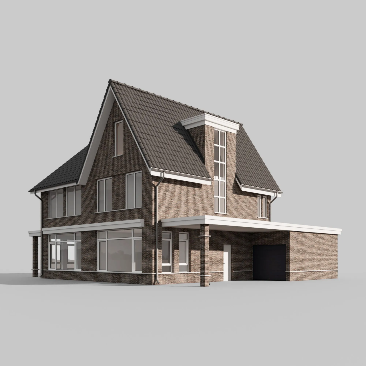 Architectenrender van een vrijstaande woning met donkere baksteen, kap en aanbouw.