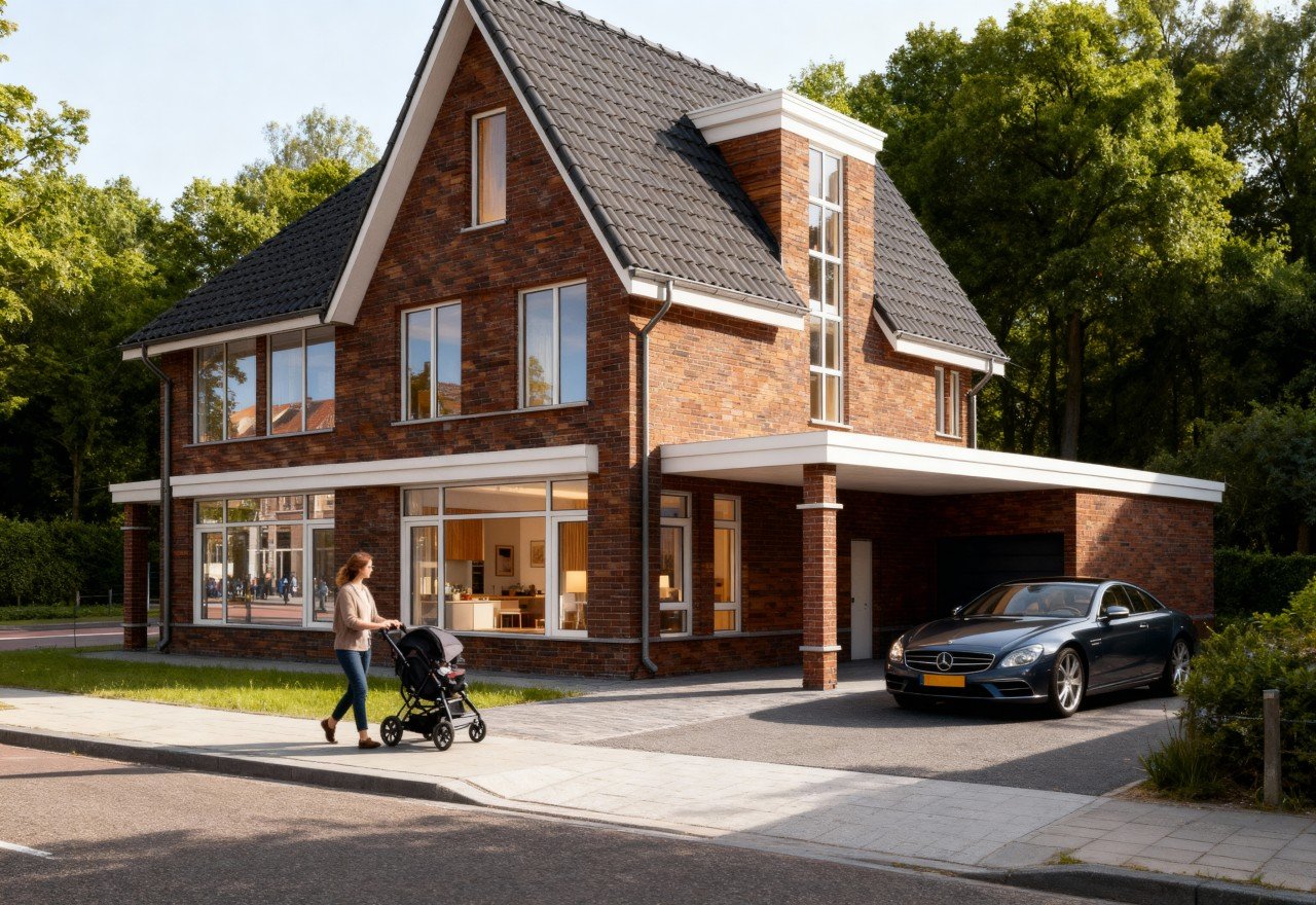 Sfeerimpressie van dezelfde woning met daglicht, bomen, straatbeeld en bewoonde omgeving.
