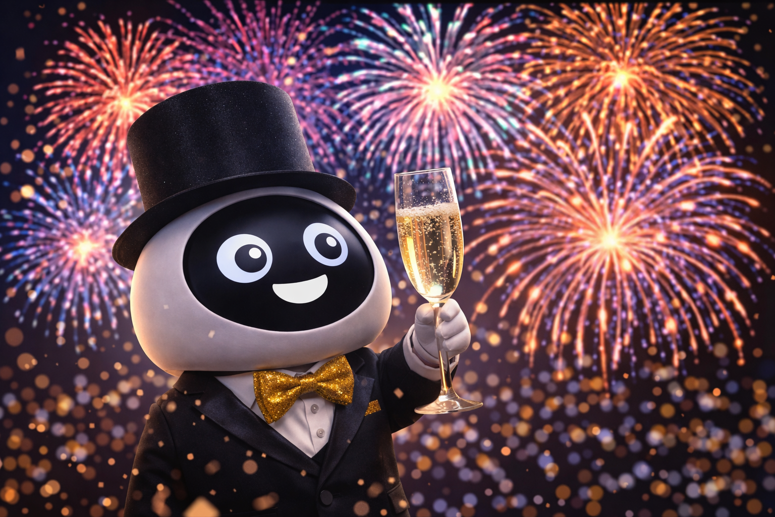 Itsy in feestelijke kleding met een glas voor kleurrijk vuurwerk.