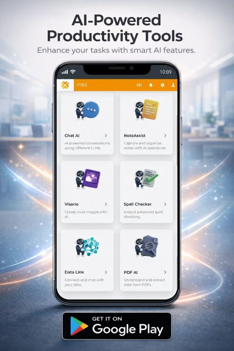 Mobiele IttesAI-app met Itsy op de tegels voor Chat AI, NoteAssist, Visario, Spell Checker, Data Link en PDF AI.
