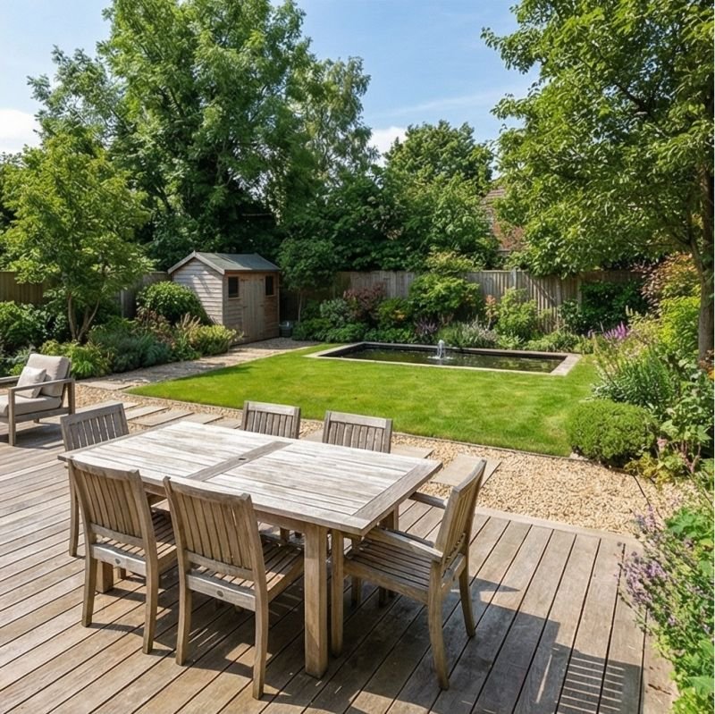 Sfeerbeeld van een eettafel op een houten terras met zicht op gazon, vijver en beplanting.