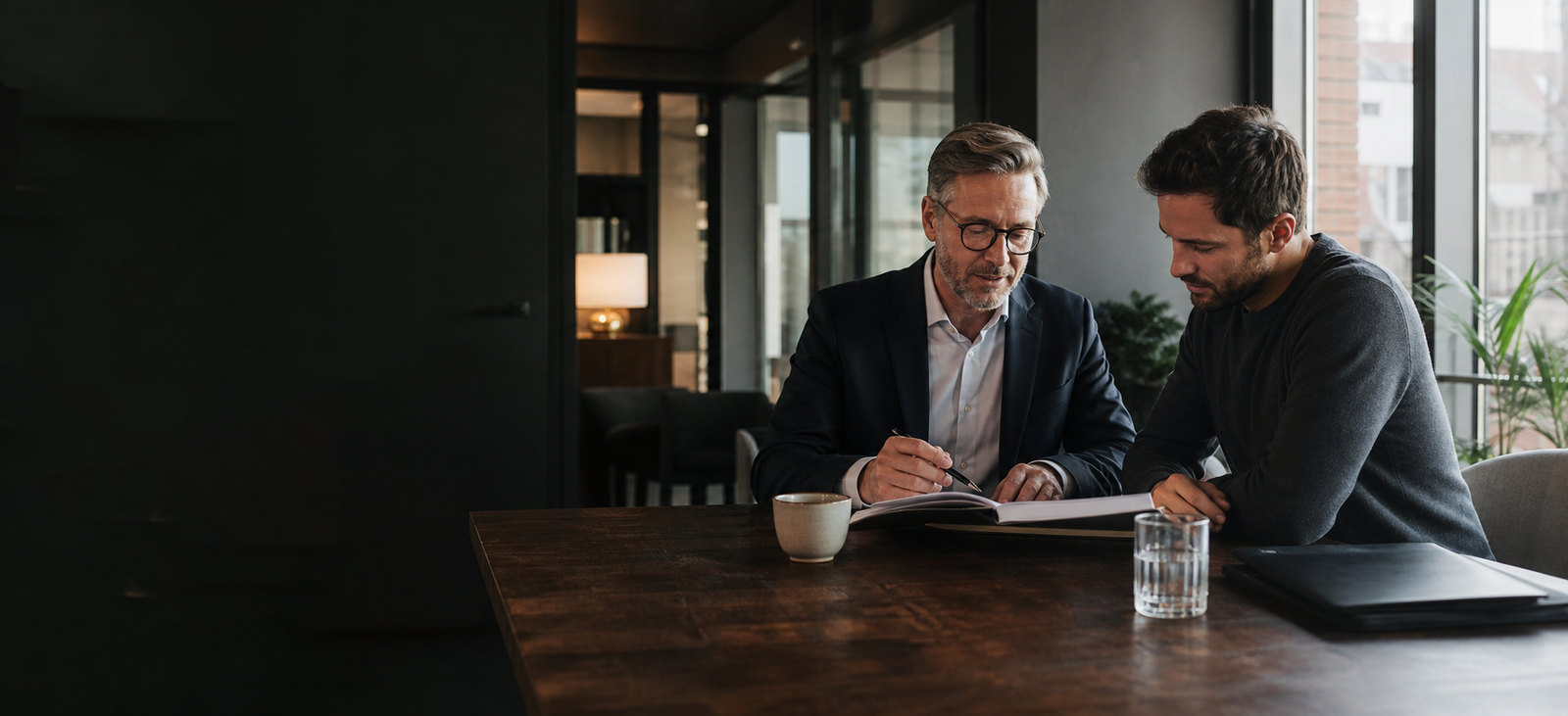 Advisor and entrepreneur discussing an insurance file for theKorray Verzekeringencase.