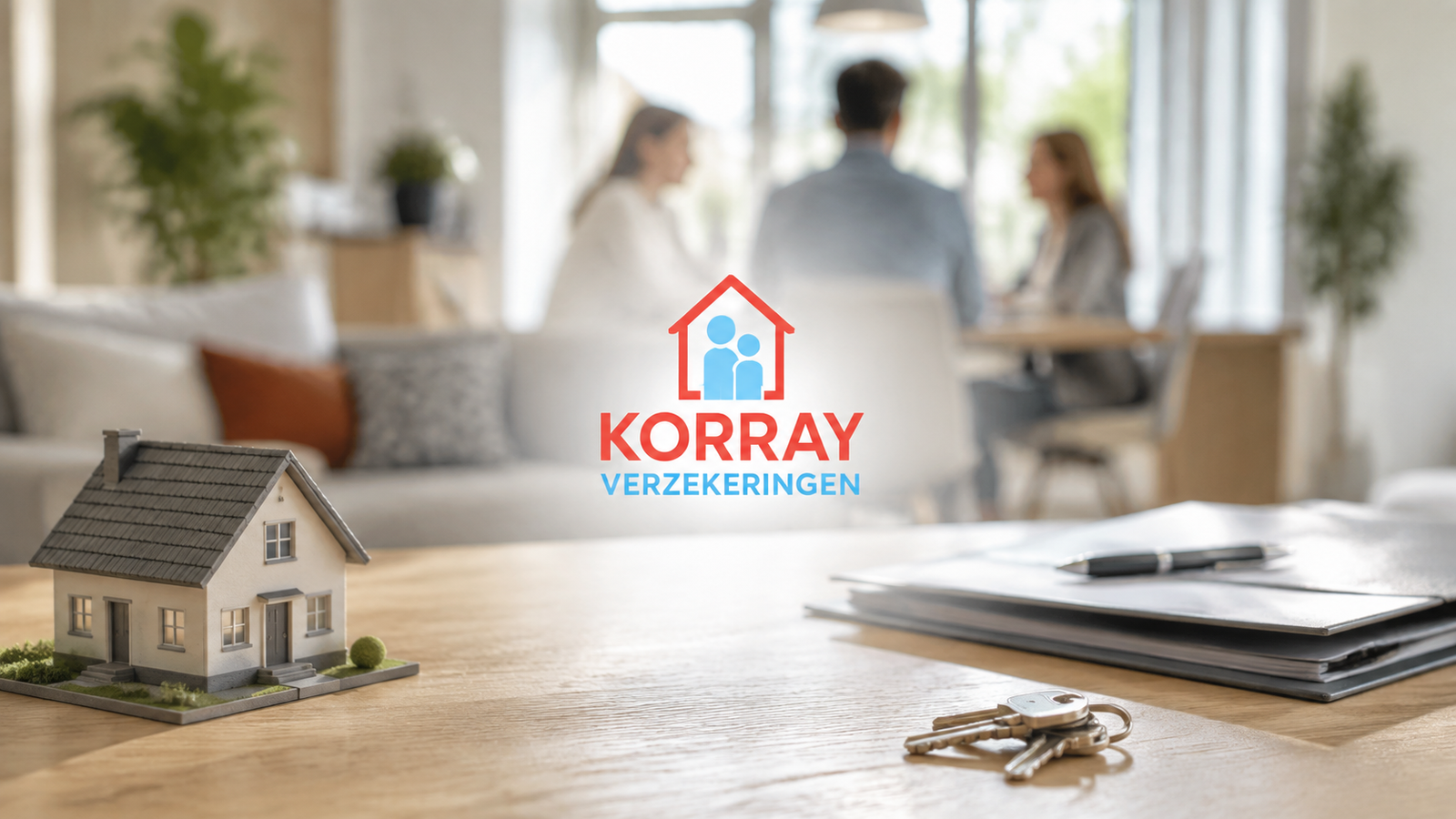 Korray Verzekeringen-logo boven een adviesgesprek, een modelwoning en verzekeringsdocumenten.