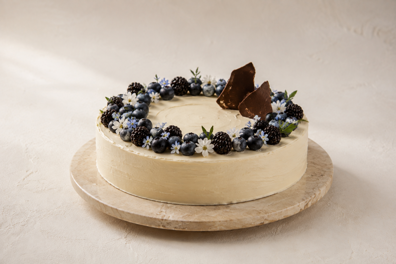 Conceptbeeld van een lage vanilletaart met bessen, kleine blauwe bloemetjes en twee chocoladeplaten.