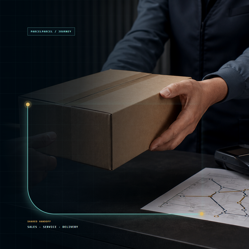 Illustrative ParcelParcel customer journey with a traceable handoff between sales, service and delivery.