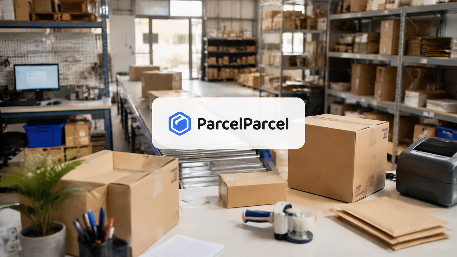 ParcelParcel-logo op een helder paneel boven een logistieke werkvloer met pakketten.