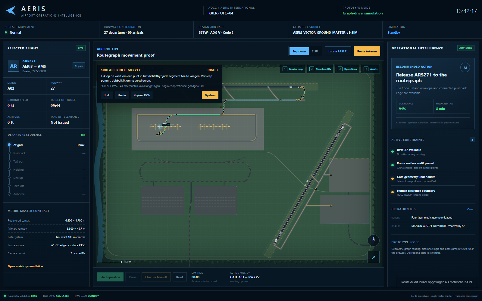 AERIS route editor toont een handmatig bewerkbare metrische route met Surface Pass.