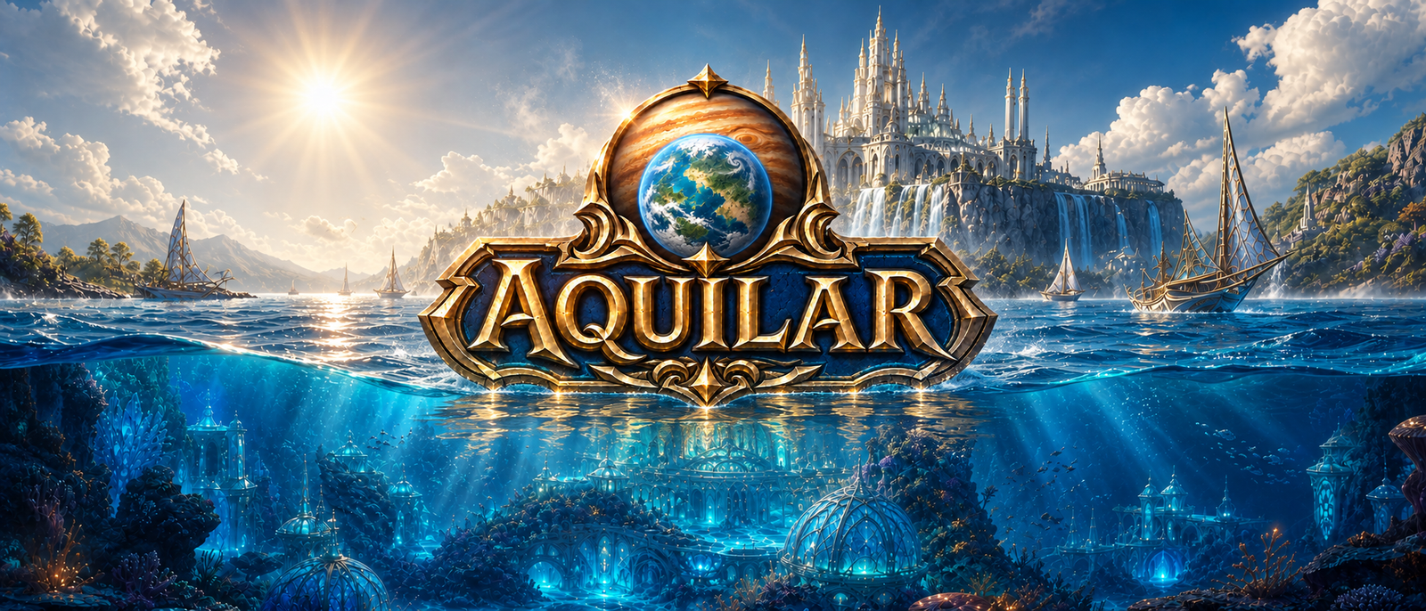 Aquilar-logo boven een zonnige bovenwereld en een lichtgevende onderwaterstad.