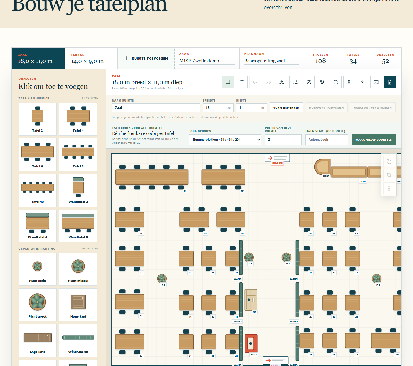MISETischstudio mit Restaurantzonen, 162 Sitzplätzen, Routen und Kapazität.