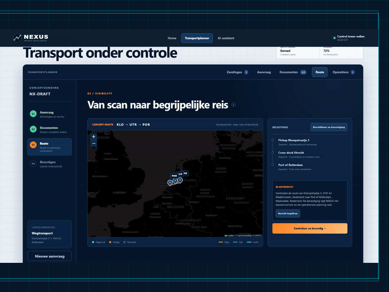 NEXUSzeigt einen kontrollierten Transportweg mit Meilensteinen, Kundenmeldung und einem expliziten Bestätigungsschritt.
