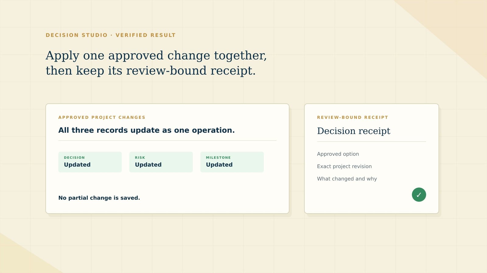 Stradviso Decision Studio-receipt met één goedgekeurde wijziging voor Decision, Risk en Milestone.
