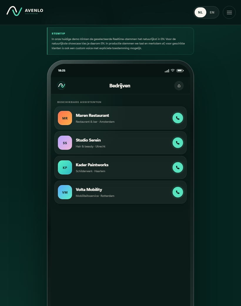 AVENLO-tabletweergave met de vier beschikbare voice-assistenten in de actuele productinterface.