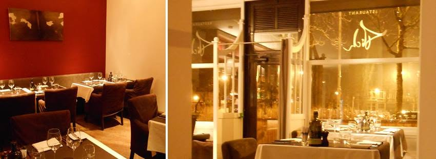 Warm getinte interieurbeelden van Restaurant Mich met tafels, stoelen en het logo op de voorruit.